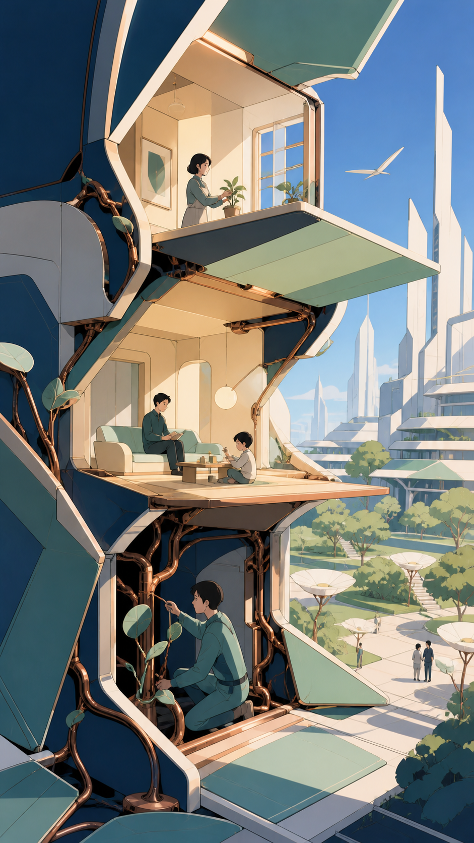 A family living inside a home that rearranges rooms with the daylight, on a bright day that emphasizes clean forms and civic scale. Close maintenance scene revealing the living system at human scale. Moonlit indigo, oxid