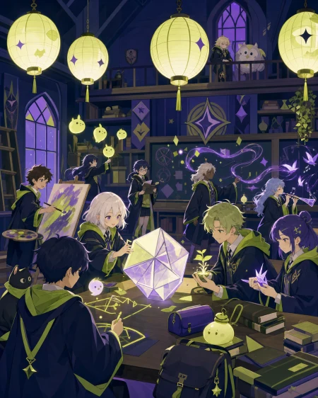 A class where each student's harmless magic appears differently, during a cooperative exam that rewards kindness and creativity. Classroom-wide ensemble with every student's activi