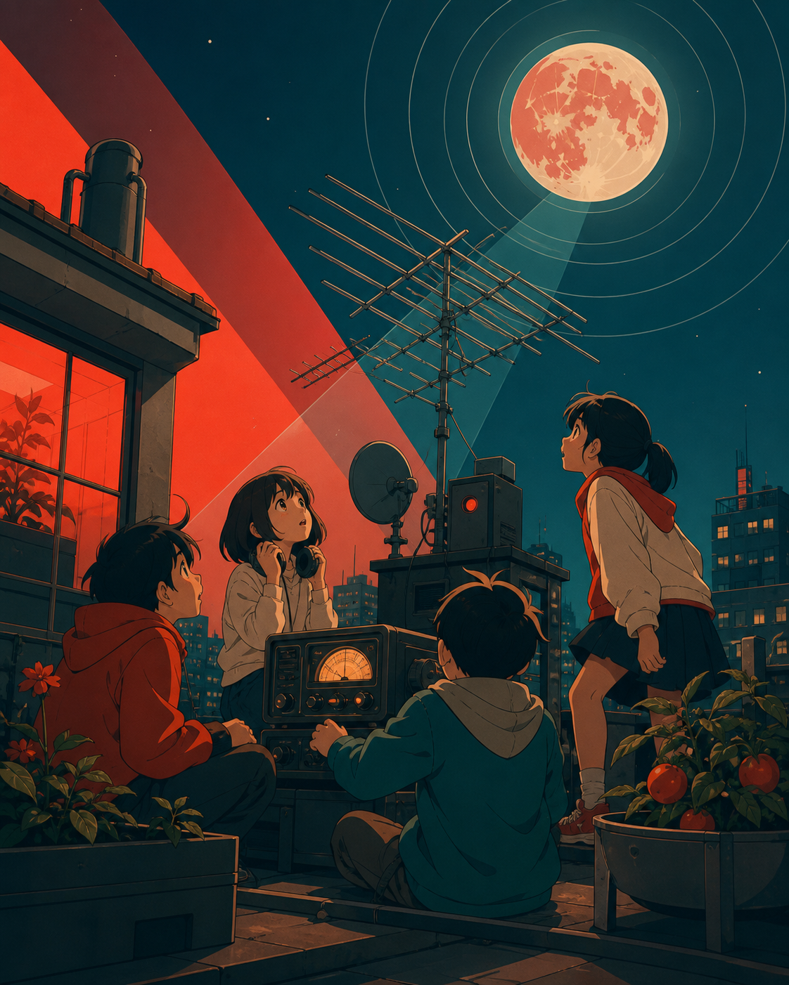 Children discovering that apartment antennas receive messages from the moon, above an ordinary city where fantasy remains intimate and local. Low intimate view with the supernatural element rising behind the group. Vermi