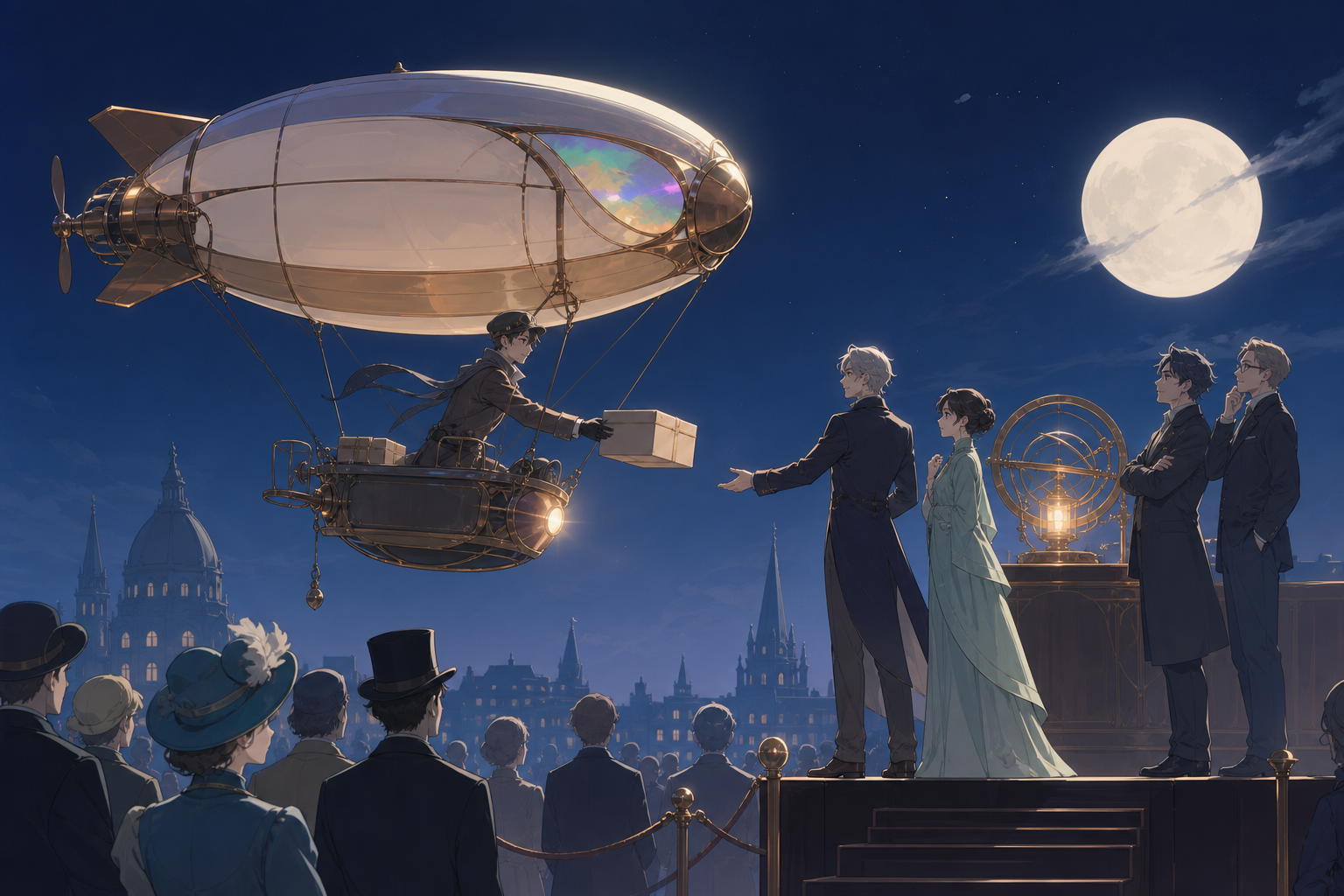 A 1920s city courier delivering packages by compact personal airship, at a quiet moment before the invention changes ordinary life. Formal demonstration frame with inventors and audience clearly separated. Moonlit indigo