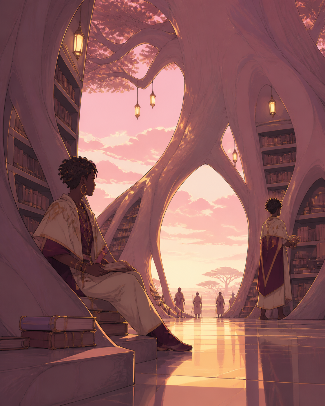 A massive baobab serving as a library for migrating storytellers, at the first light of morning after a transformative storm has passed. Ground-level view looking through enormous roots toward distant figures. Muted rose