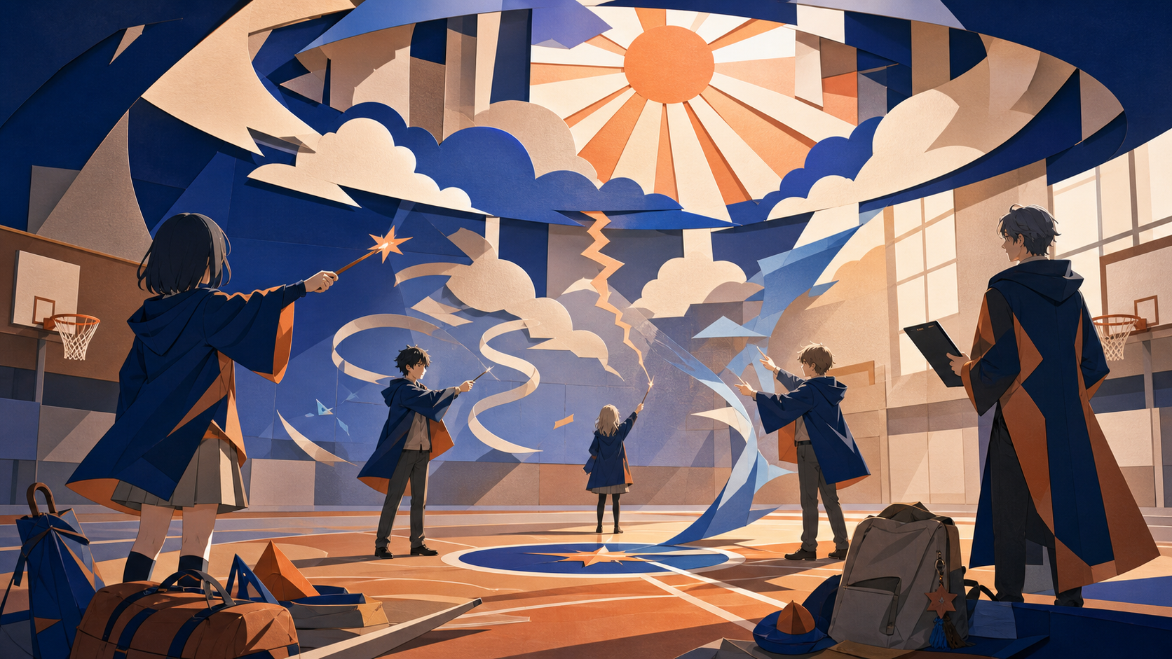 Teen spellcasters practicing weather control inside a gymnasium, during age-appropriate learning with clear supervision. Gym or courtyard view organized around one supervised exercise. Cobalt, persimmon orange, warm conc
