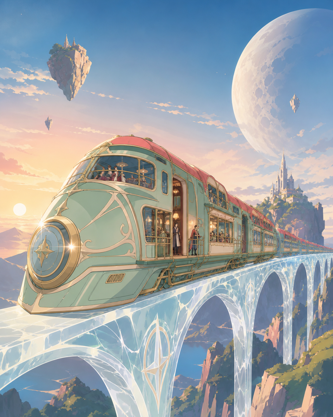 An ornate night train crossing a bridge made from frozen moonlight, mid-journey with passengers revealing how the vehicle is actually lived in. Wide travel-poster composition without typography, emphasizing destination a