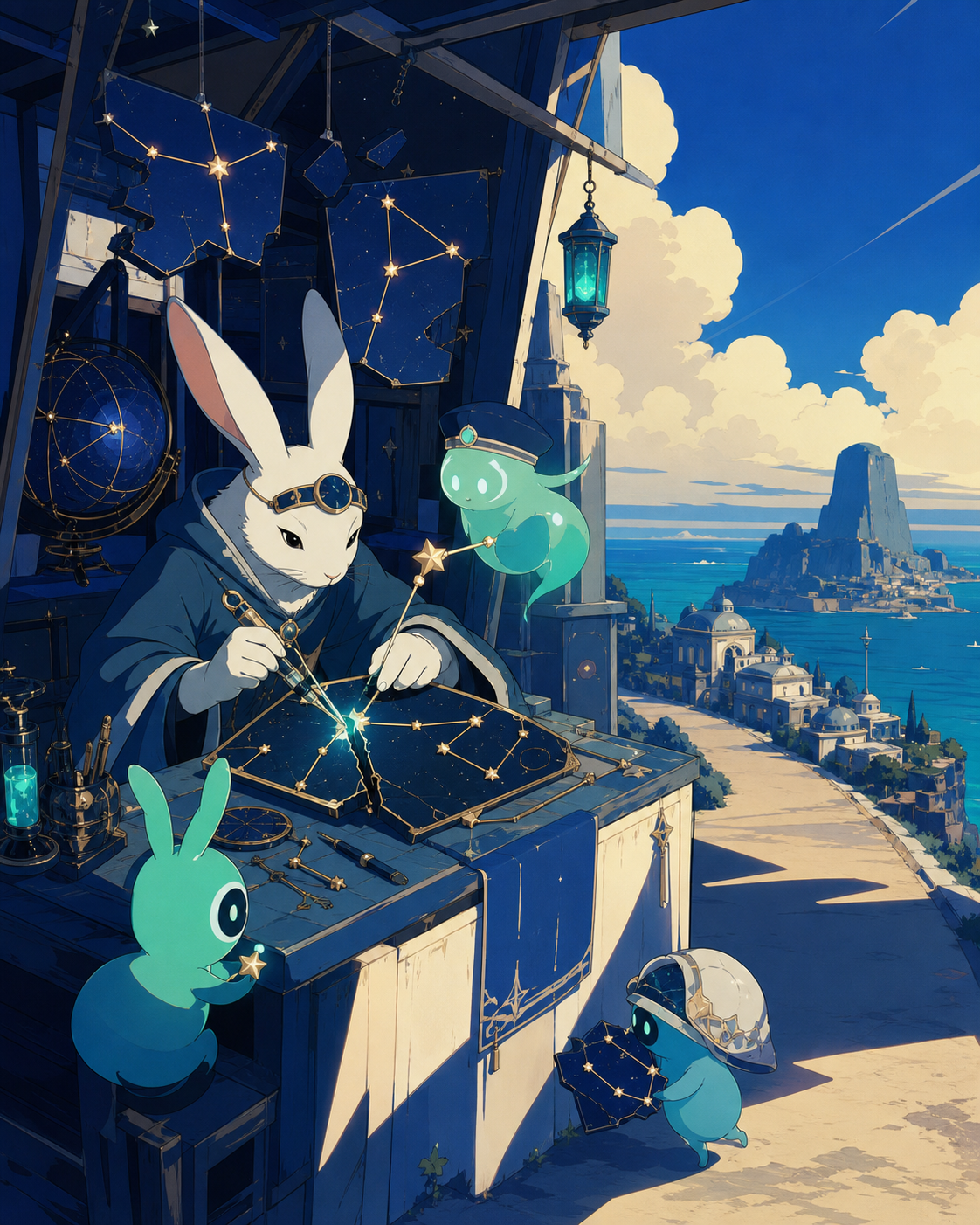 A moon rabbit operating a roadside repair shop for broken constellations, at the edge of a village that appears only once every ten years. Balanced ensemble composition with one strong focal action. Ultramarine, biolumin