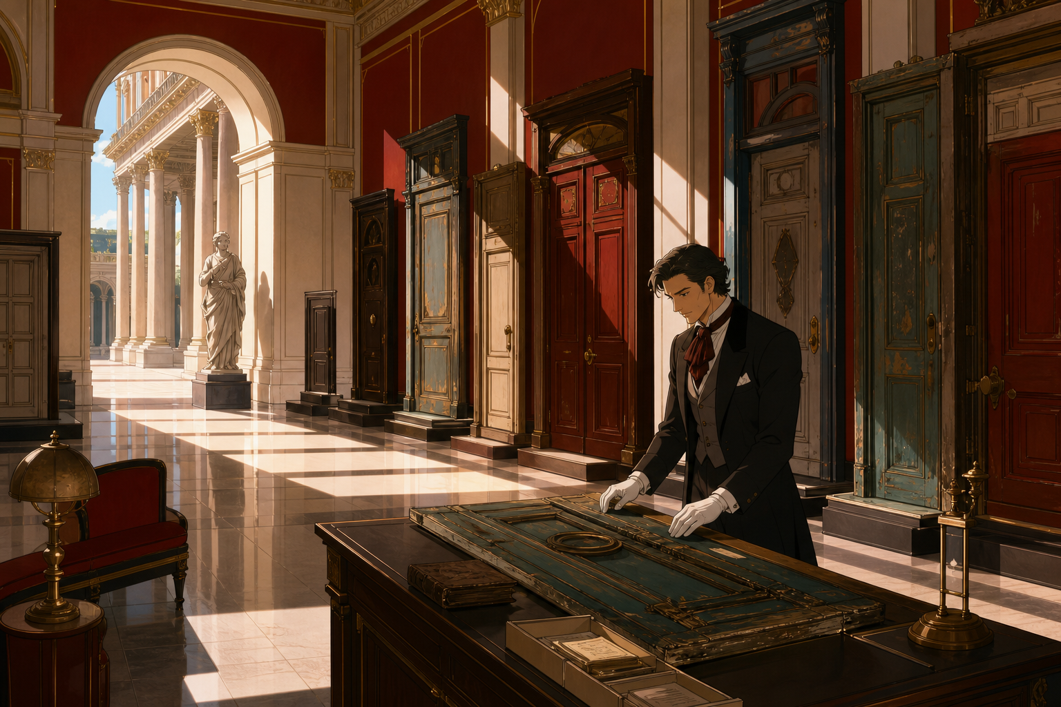 An archive displaying doors rescued from homes that vanished from history, seen as a place of wonder and scholarship rather than danger. Grand gallery view with one human-scale task anchoring the scene. Vermillion, charc