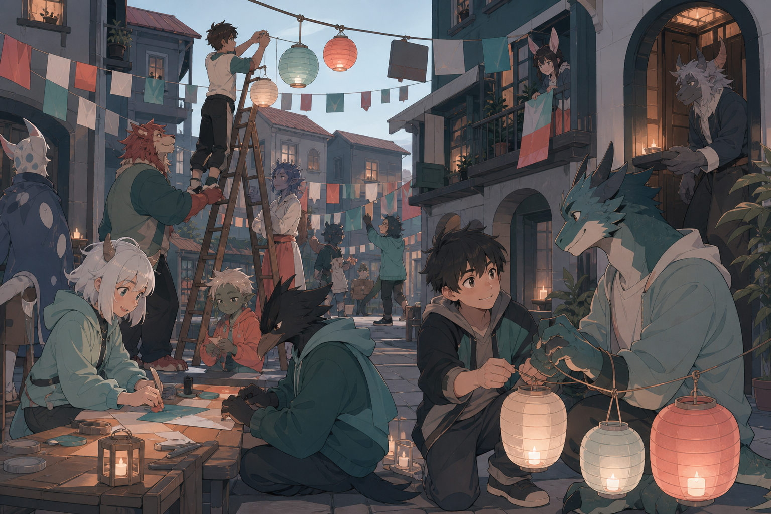 Human and monster teens organizing a shared street festival, during a neighborhood project involving every kind of resident. Wide neighborhood ensemble with multiple species sharing one activity. Sea-glass green, faded c