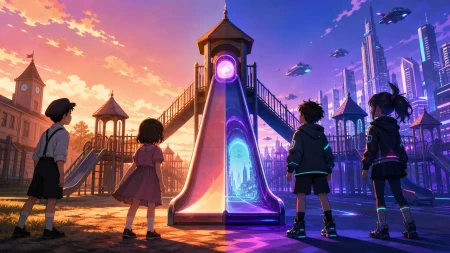 Children discovering that one playground slide exits tomorrow, with the time difference communicated through clothing and environment. Wide continuous scene divided naturally into 