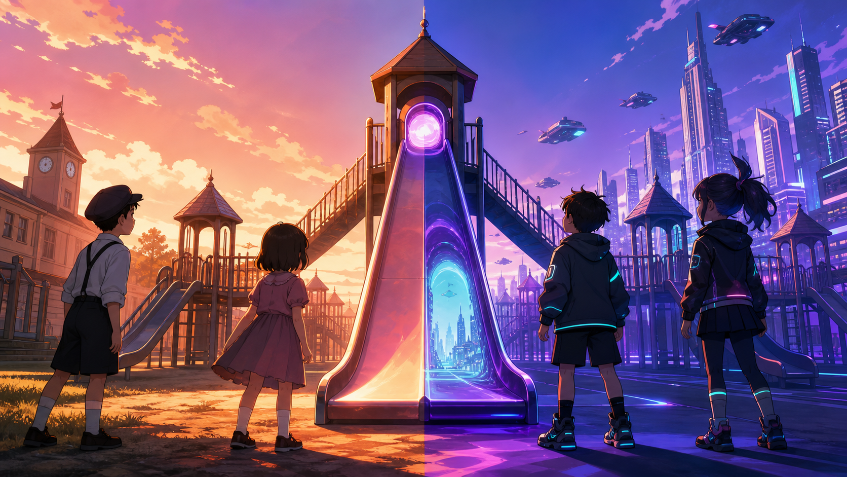 Children discovering that one playground slide exits tomorrow, with the time difference communicated through clothing and environment. Wide continuous scene divided naturally into several eras. Saturated magenta, electri