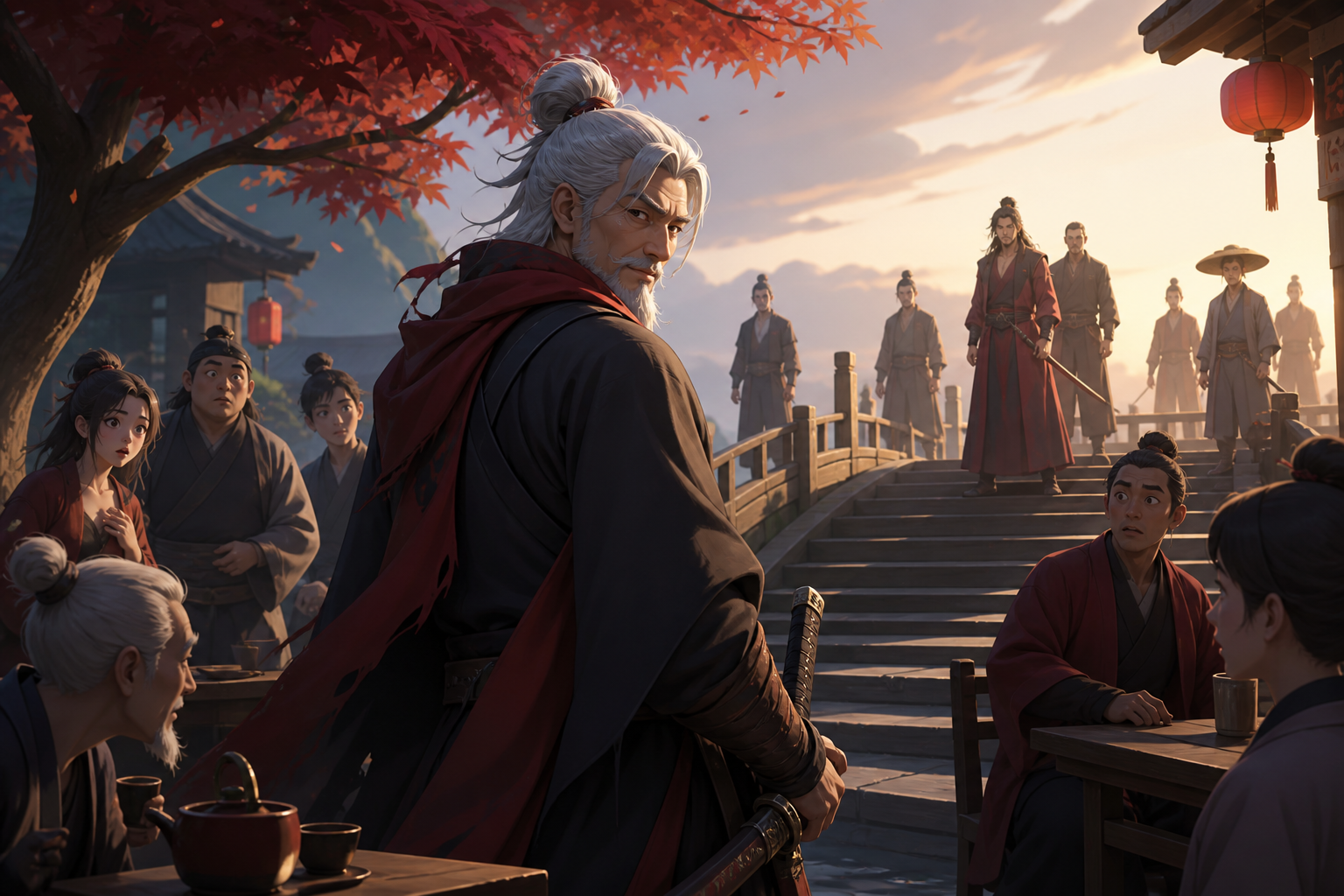 A retired swordsman forced back into action at a rural ferry, when a quiet village becomes the center of a larger martial conflict. Low action frame following one fighter through a clearly staged crowd. Crimson, black ch