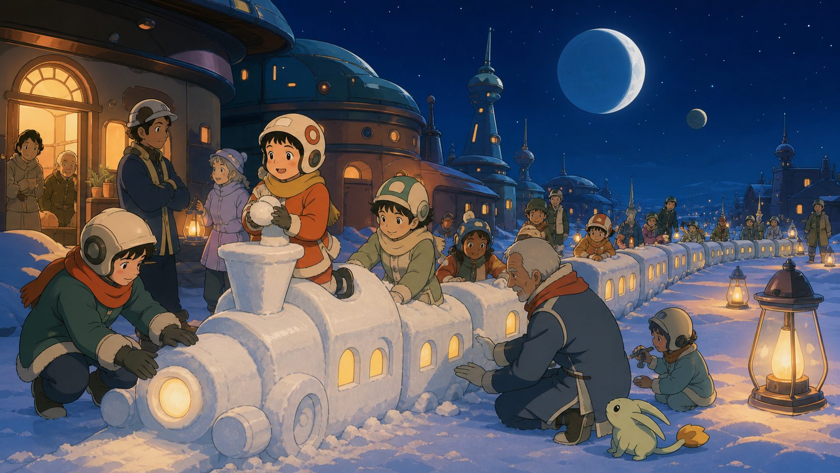 Children building a snow train long enough for the whole neighborhood, as neighbors of several generations join the same activity. Cozy evening composition balancing outdoor play and warm buildings. Moonlit indigo, oxidi