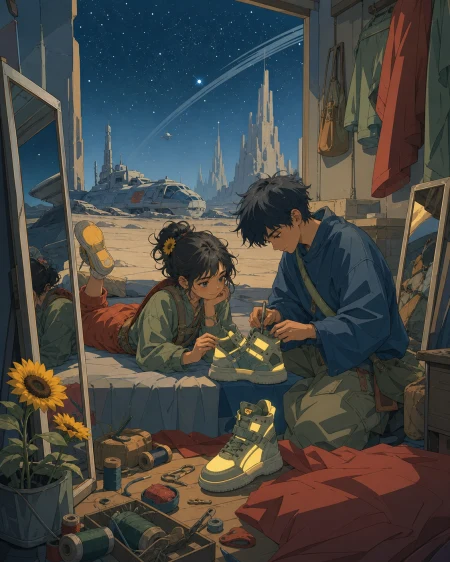 Siblings customizing luminous sneakers in a compact bedroom studio, in a public urban location that explains how the clothing functions. Group editorial frame built around contrast