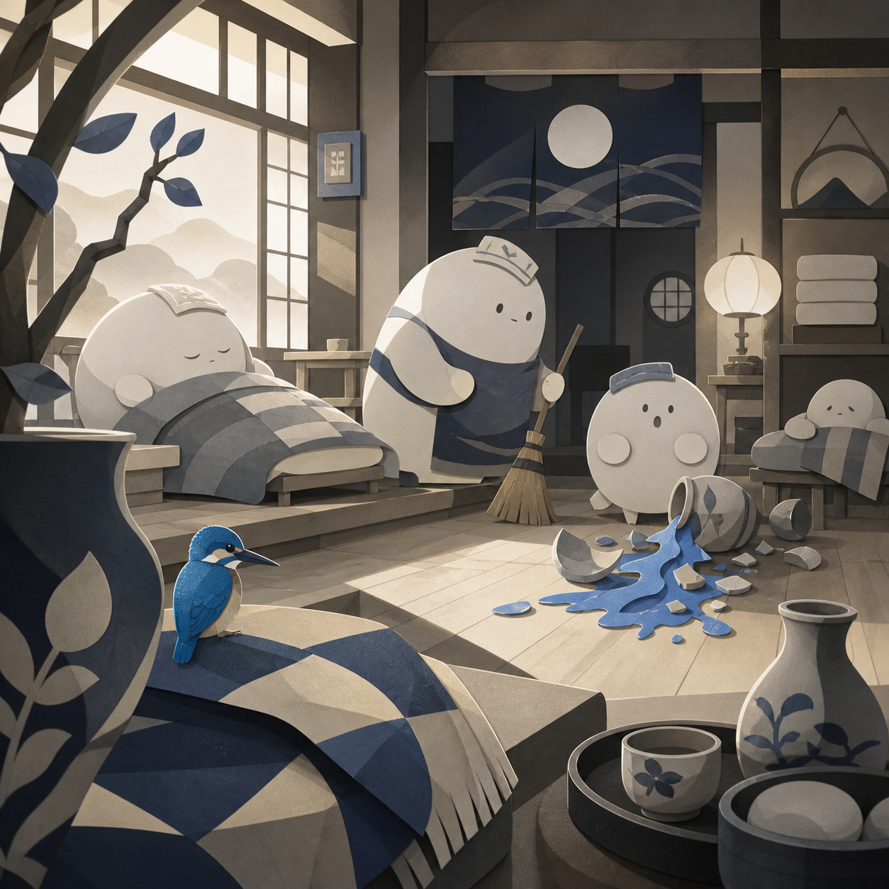 A sleepy mountain bathhouse managed by polite round spirits, during a quiet afternoon nap interrupted by one small mishap. Cozy eye-level view with foreground objects framing the scene. Soft monochrome with a single satu