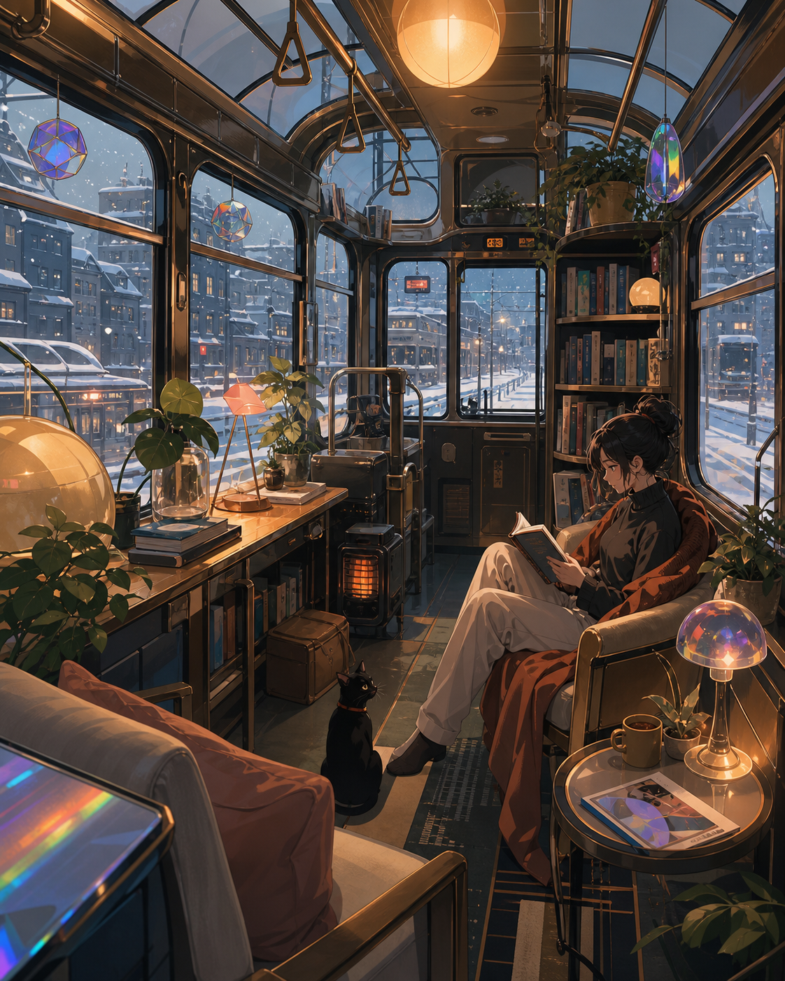 A greenhouse reading room built into an old city tram, on the first snowy night of the year. Inviting room-wide composition with several discoverable details. Amber, walnut brown, rain blue, and tiny coral accents. Tense
