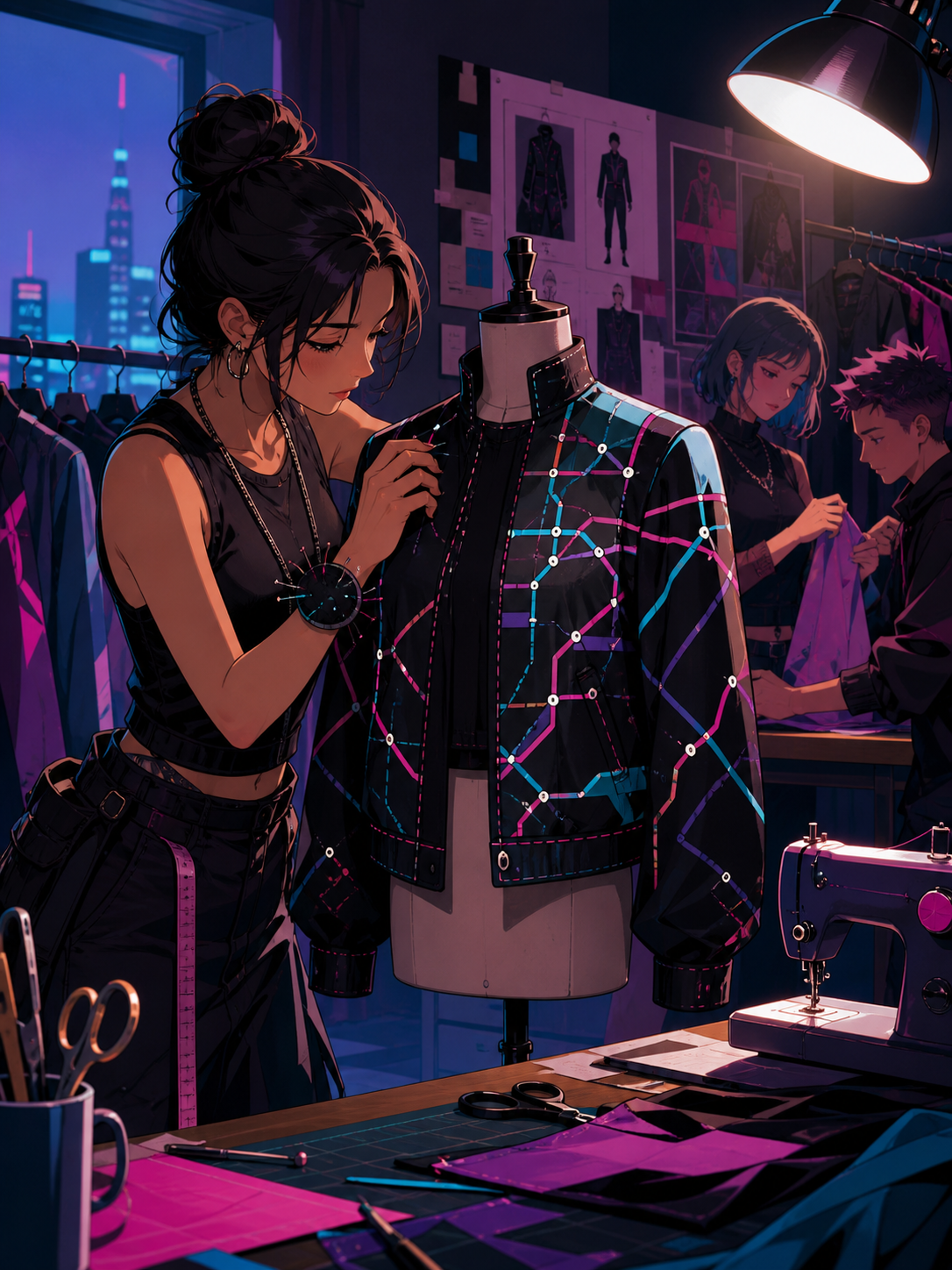 A streetwear seamstress constructing a jacket inspired by city transit maps, captured as a character-driven editorial moment rather than a product display. Backstage ensemble scene organized around the central fitting. S