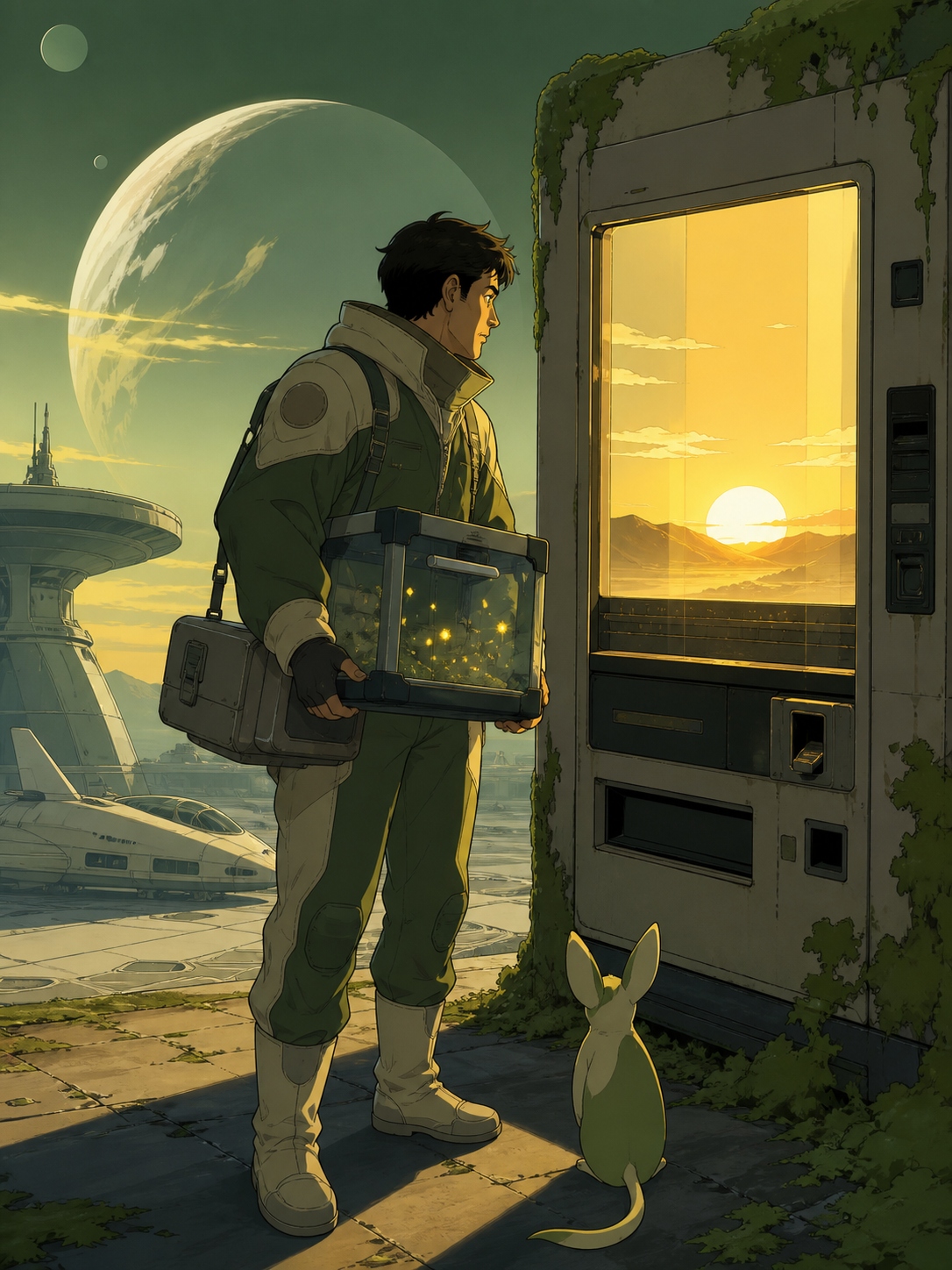 An adult male courier carrying a glass case of captive fireflies, discovering a tiny sunrise glowing inside an abandoned vending machine. Cinematic medium-wide frame with the environment carrying half the story. Moss gre