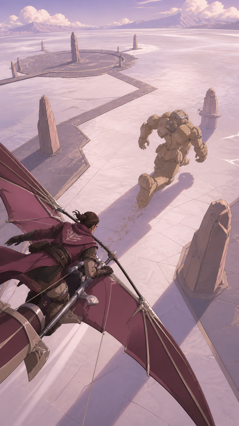 An adult wind rider racing a sand golem across an open salt plain, shown through skillful movement and environmental interaction. Overhead tactical composition showing objective, obstacle, and escape route. Mulberry, tea