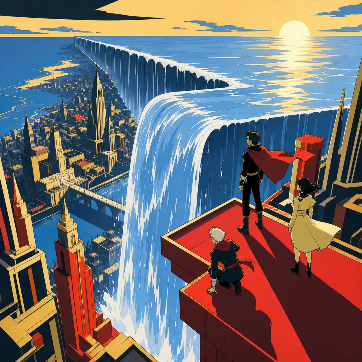 A waterfall bending into a horizontal river above a city, as characters test the boundary between two connected realities. High viewpoint revealing how the entire world connects impossibly. Pine black, snow blue, cedar r