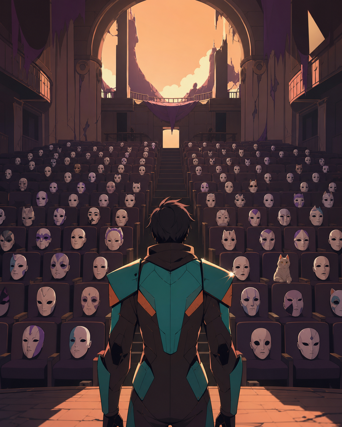 An abandoned theater where every empty seat holds a different porcelain mask, shown at the uneasy instant when something impossible becomes noticeable. Still symmetrical frame disturbed by one small impossible detail. Ap