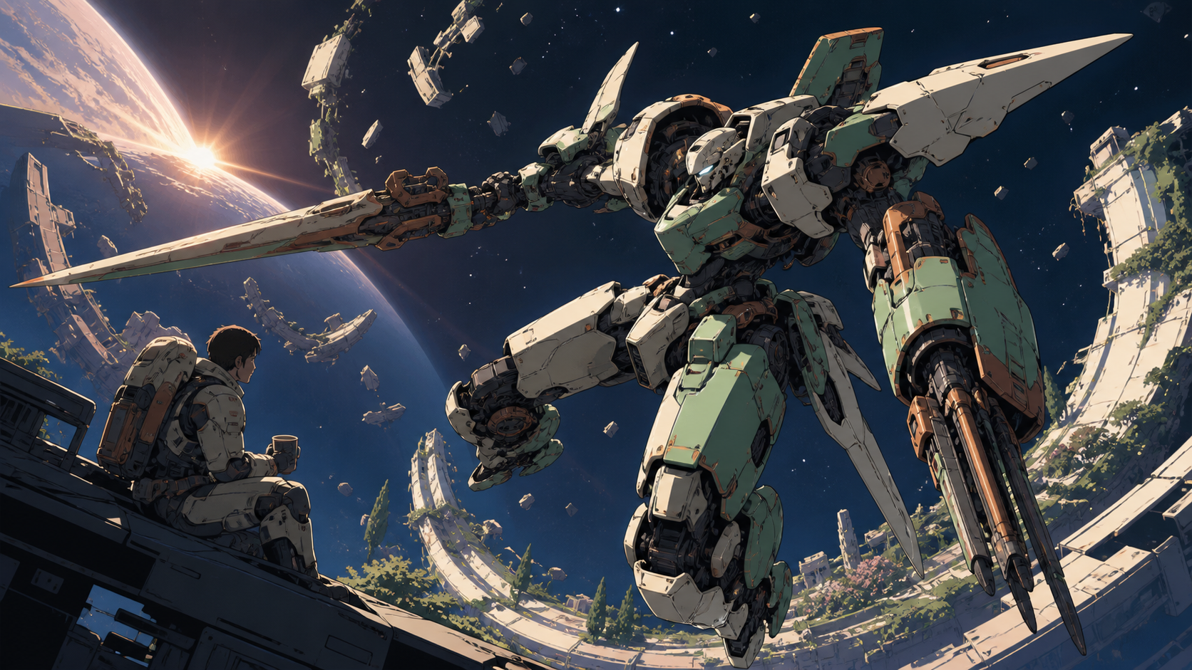 A deep-space maintenance suit unfolding into an asymmetrical combat machine, fighting in zero gravity among fragments of a ruined orbital garden. Wide cinematic action tableau frozen at the clearest dramatic instant. Moo