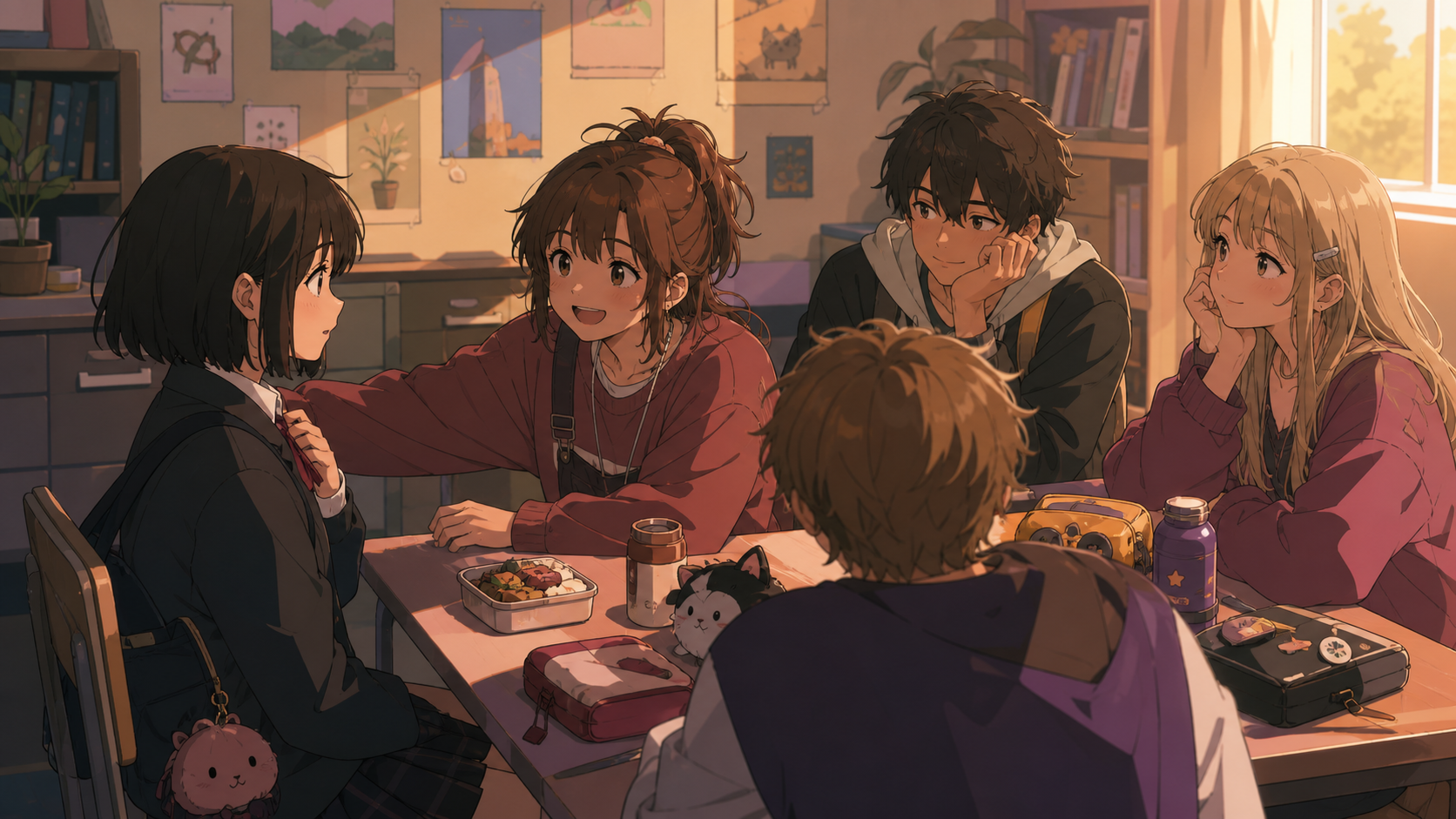 A new student being welcomed into an eccentric lunch-table group, during a small emotionally honest moment rather than a grand event. Intimate two-shot with the environment reflecting the emotional shift. Muted rose, par