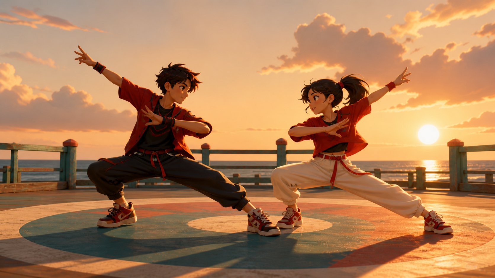 Siblings performing a synchronized routine on a seaside boardwalk, at the strongest pose of a friendly exchange rather than a hostile fight. Wide circle composition preserving complete dancer silhouettes. Vermillion, cha