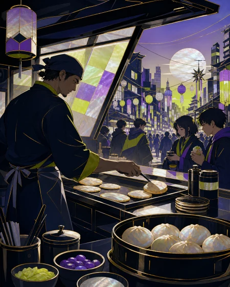 An adult street cook opening a breakfast cart before a citywide festival, shown through the rhythm of preparation and service. Wide kitchen-and-dining frame linking preparation to 