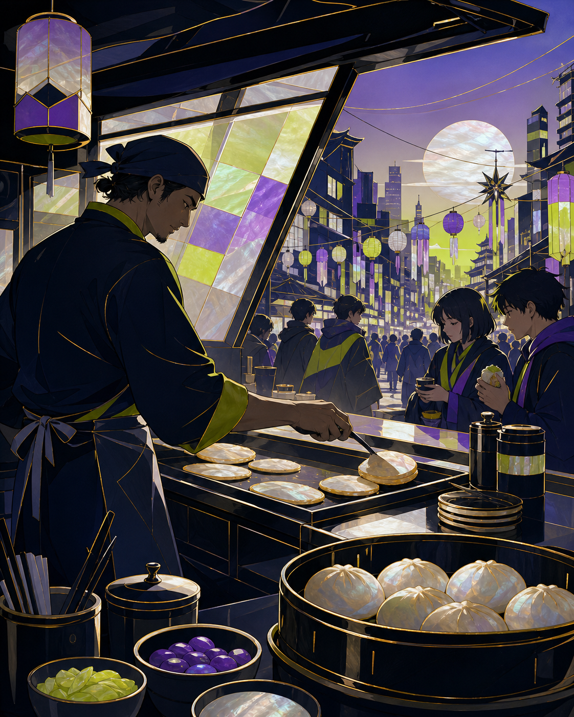 An adult street cook opening a breakfast cart before a citywide festival, shown through the rhythm of preparation and service. Wide kitchen-and-dining frame linking preparation to the people being served. Acid lime, ultr