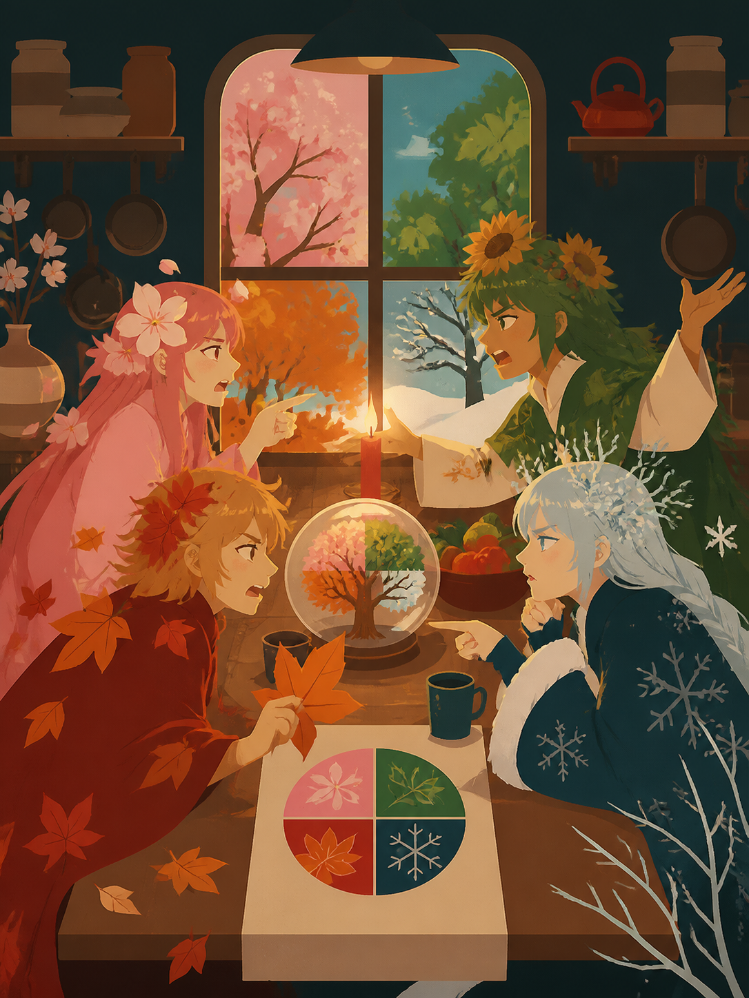 The four seasons arguing around a kitchen table through symbolic forms, balanced between abstraction and a clearly readable emotional idea. Carefully staged surreal tableau with a single unmistakable focal point. Vermill