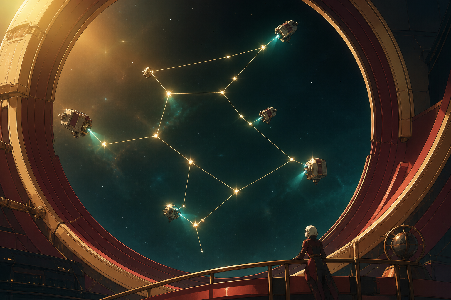 A constellation being carefully stitched back together by tiny maintenance ships, captured as a poetic visual moment rather than scientific documentation. Graphic celestial composition organized around a bold circular fo