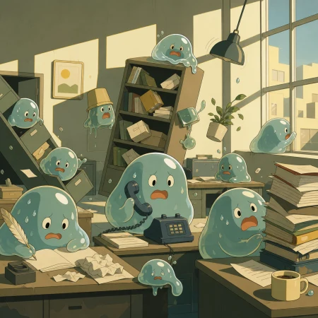 An office staffed by anxious slimes trying to meet an impossible deadline, in the middle of an escalating but harmless disaster. Ensemble comedy tableau with several connected visu