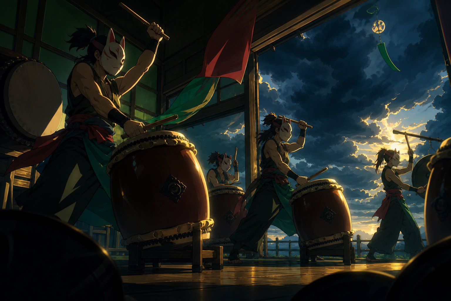A masked taiko ensemble performing before an approaching summer storm, during a rehearsal that unexpectedly becomes magical. Intimate low-angle concert view with dramatic foreground silhouettes. Emerald, stained-glass ru