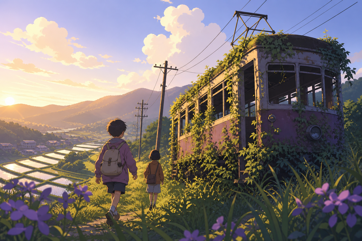 Siblings exploring an abandoned hillside tram overtaken by summer vines, on the first warm day after a long winter. Low viewpoint beside a field with characters moving toward the horizon. Mulberry, tea brown, tarnished s