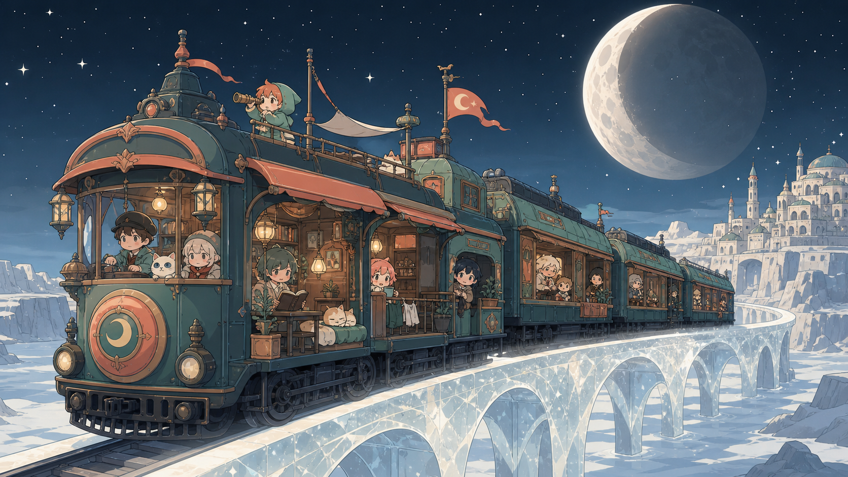 An ornate night train crossing a bridge made from frozen moonlight, mid-journey with passengers revealing how the vehicle is actually lived in. Wide travel-poster composition without typography, emphasizing destination a