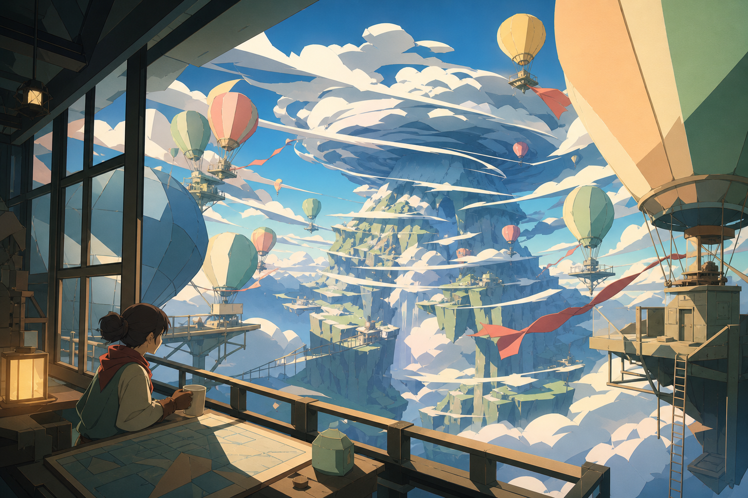 A balloon city gathering around a seasonal mountain-sized storm, during clear morning weather that reveals the depth below. Vertigo-inducing vertical composition balanced by a calm foreground activity. Soft pistachio, bu