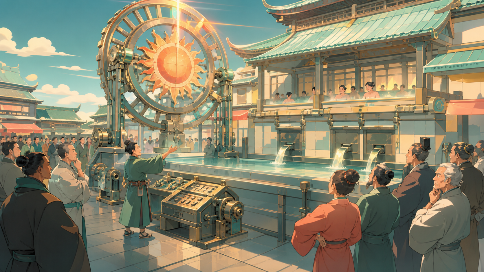 An ancient public bathhouse powered by a precise mechanical sun, during a public demonstration attended by skeptical adults. Wide period street scene centered on the alternate technology in use. Sea-glass green, faded co