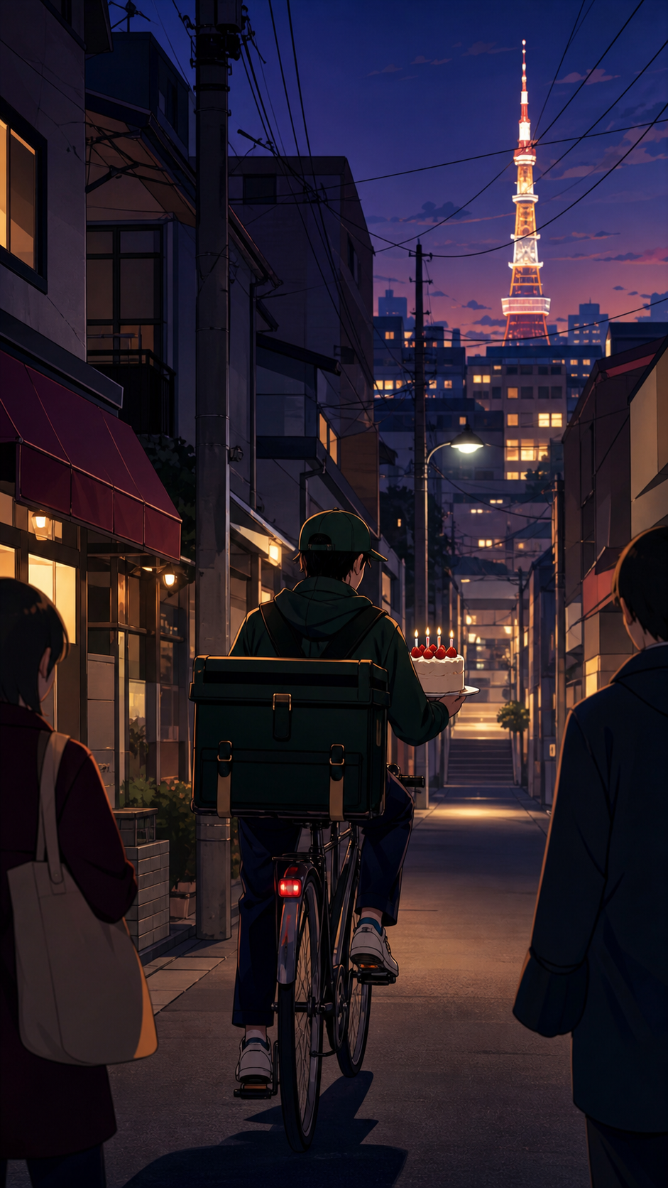 A bicycle courier carrying a birthday cake through narrow backstreets, during the blue hour between the final commuters and the morning deliveries. Street-level view with foreground pedestrians and a clear destination be