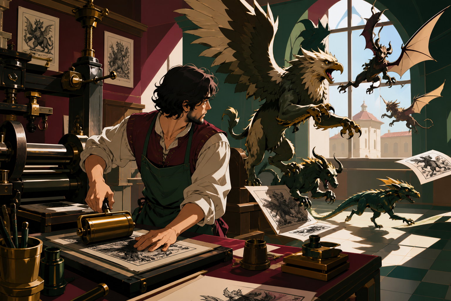 A Renaissance-era printmaker whose illustrated creatures leave the page at night, during ordinary work rather than a royal ceremony or battlefield. Painterly historical scene centered on work, place, and atmosphere. Burg