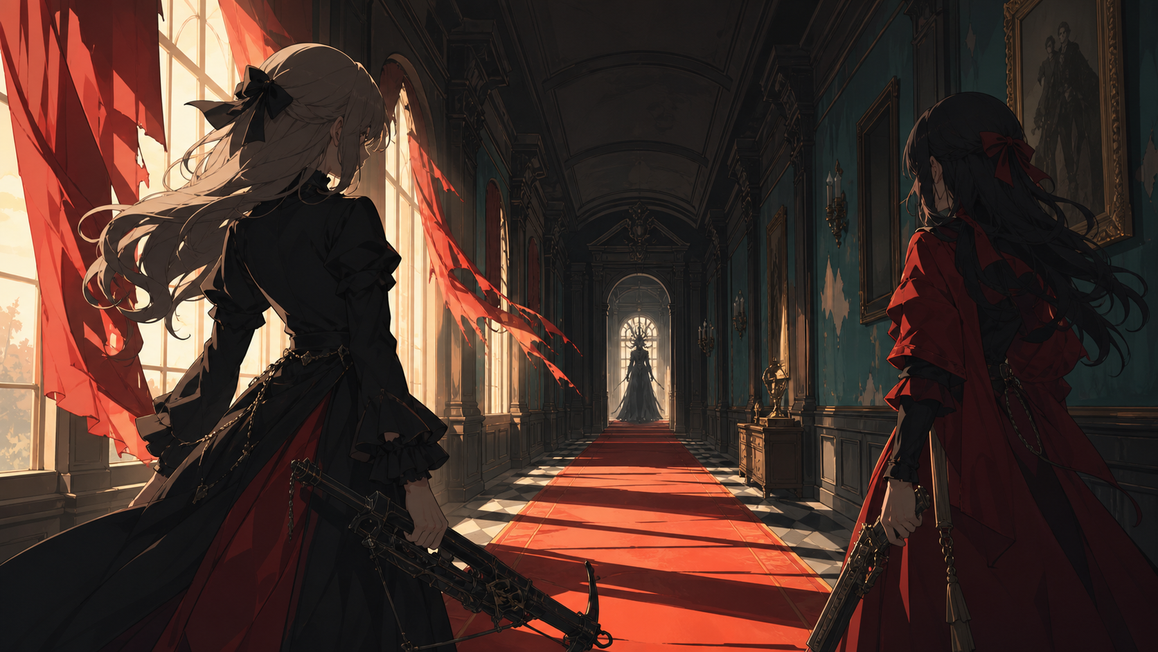 Sisters inheriting a mansion whose rooms rearrange after midnight, at the instant a long-hidden curse becomes undeniable. Deep corridor perspective with the threat visible at the far end. Vermillion, charcoal, warm ivory
