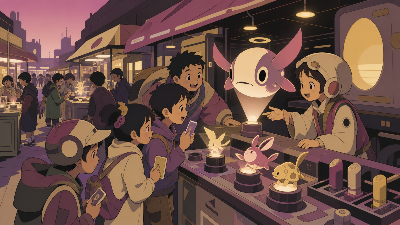 Children trading collectible projections that become small creatures, as one unusual product becomes the center of attention. Market-lane view with a strong focal stall and activity receding behind. Muted rose, parchment