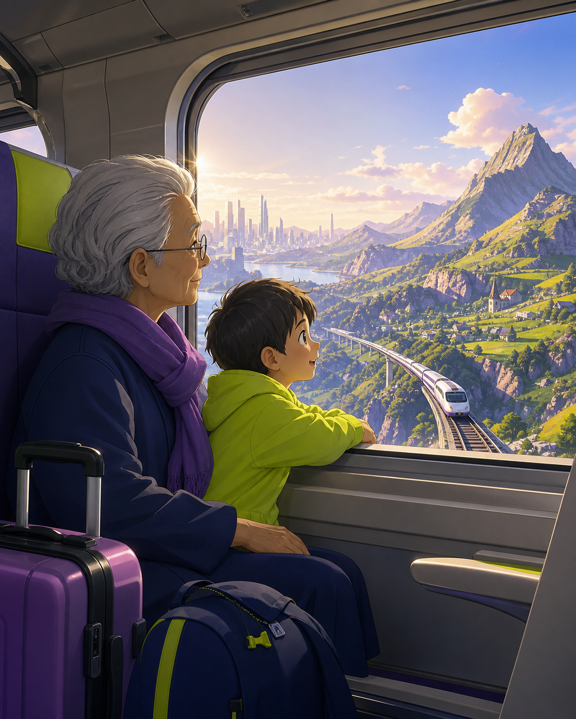 A child and grandparent sharing a window seat through mountain country, as the route crosses from a modern city into an enchanted countryside. Exterior travel vista following the railway through varied terrain. Acid lime