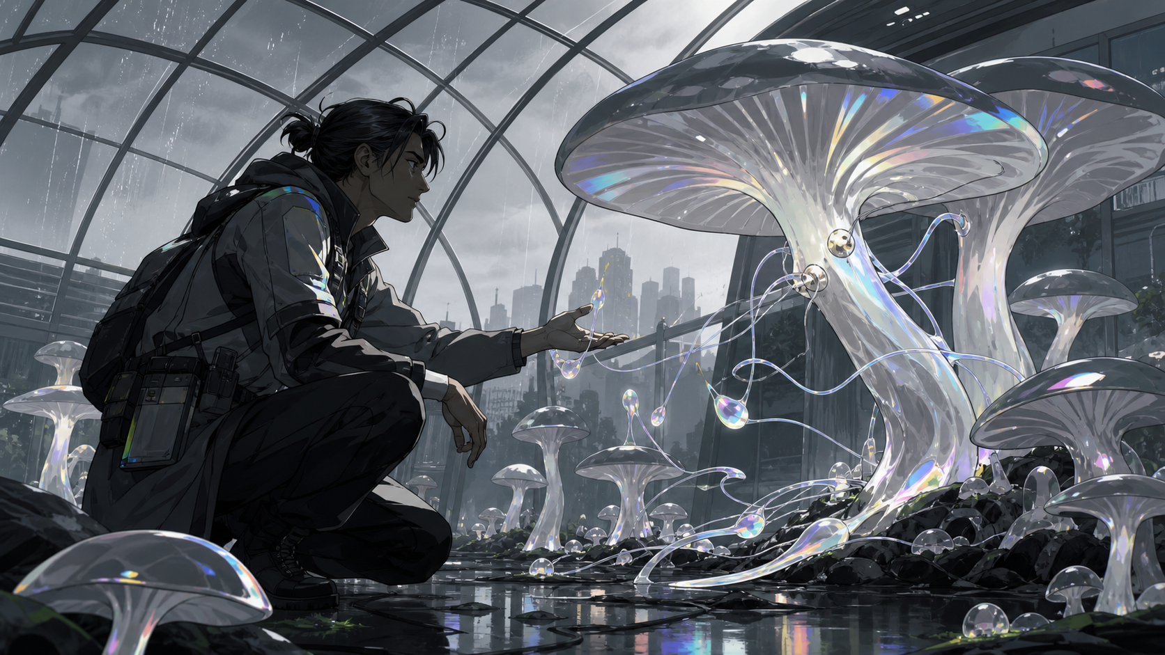 An adult botanist negotiating with a newly intelligent fungal forest, after rainfall activates hidden biological structures throughout the scene. Architectural greenhouse vista structured by repeating organic forms. Mono