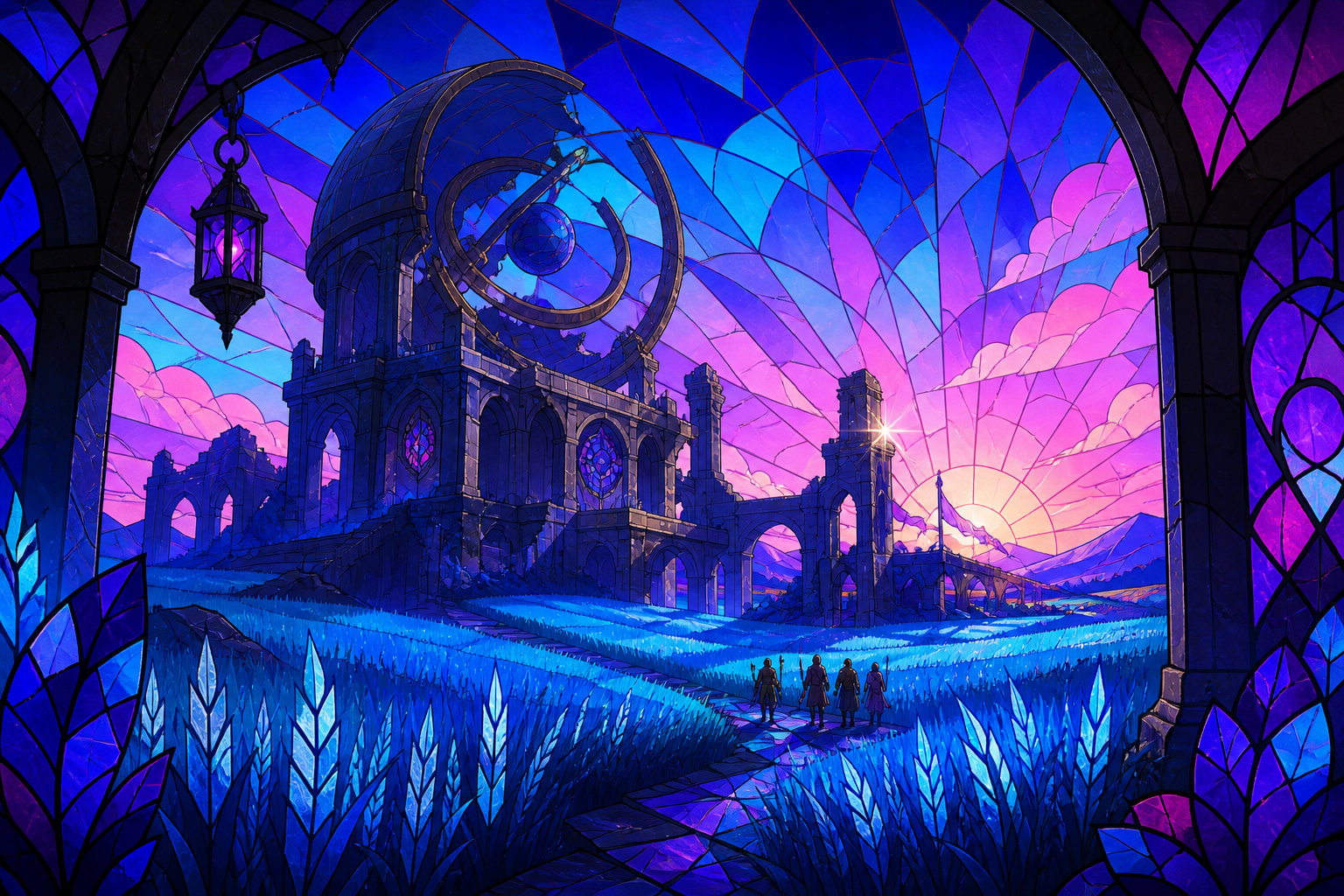 A ruined observatory surrounded by fields of luminous blue wheat, with tiny travelers revealing the monumental scale. Wide landscape composition with dramatic foreground framing. Saturated magenta, electric cyan, deep vi