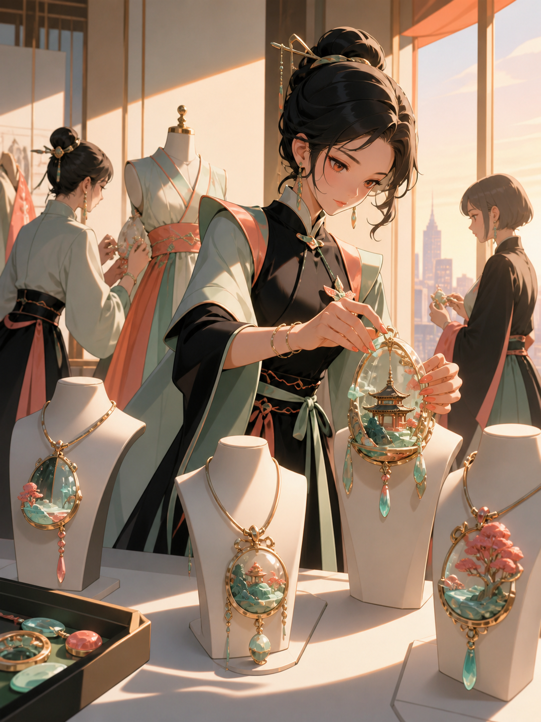A jeweler arranging wearable miniature worlds for a private viewing, during the focused preparation before a major reveal. Backstage ensemble scene organized around the central fitting. Celadon, coral pink, ink black, an