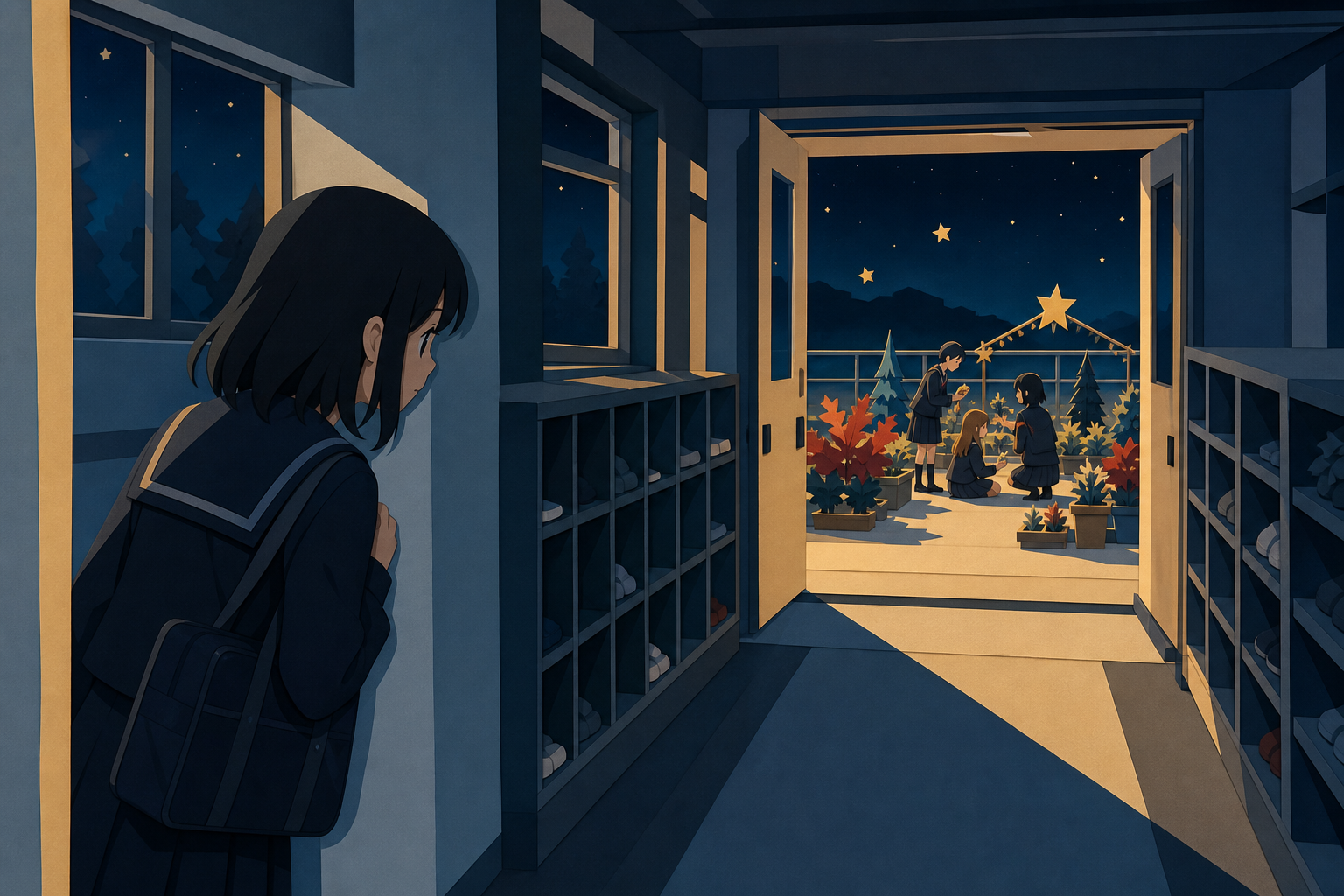 A shy transfer student discovering the rooftop gardening group, on the morning of a school festival before visitors arrive. Corridor perspective leading toward one small discovery. Pine black, snow blue, cedar red, and l