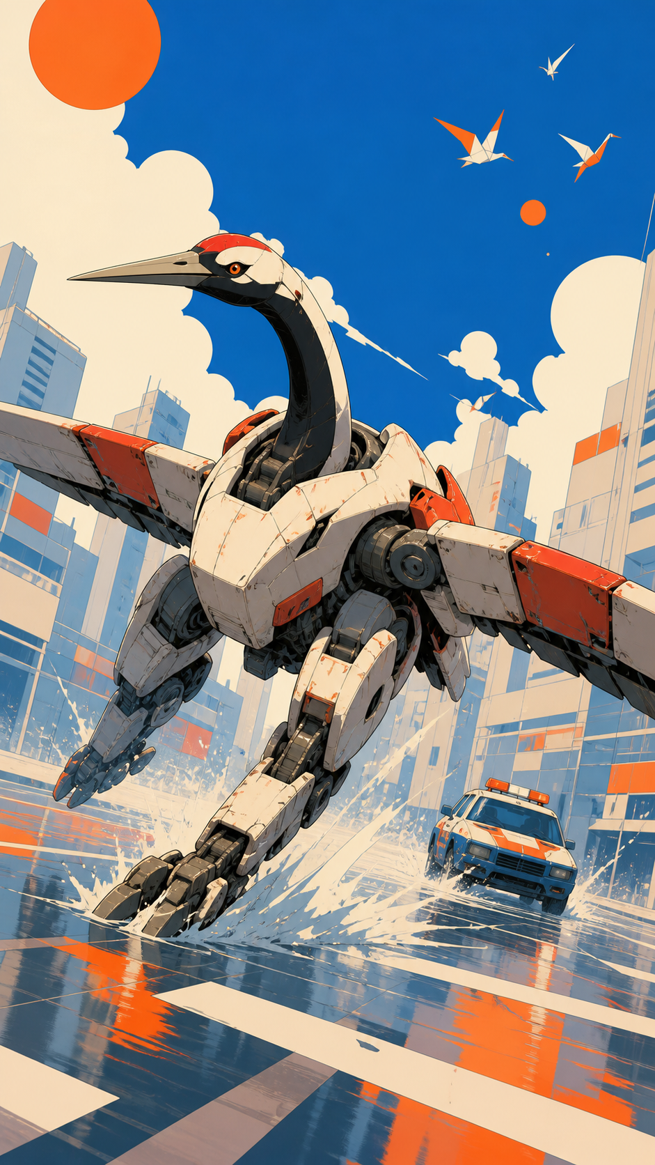 A battered rescue mecha designed like a red-crowned crane, skidding across a flooded megacity intersection during a decisive chase. Dynamic low-angle action frame with a strong diagonal movement line. Cobalt, persimmon o
