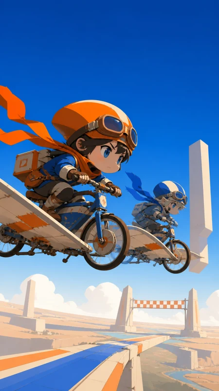 A chibi courier entering a race on a patched winged bicycle, above a broad landscape with the finish line clearly visible. Close side view of two racers against a simple distant la