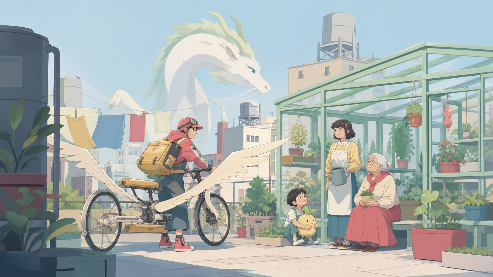 A courier landing a winged bicycle beside a rooftop greenhouse, as one supernatural visitor joins a familiar neighborhood routine. Low intimate view with the supernatural element rising behind the group. Soft pistachio, 