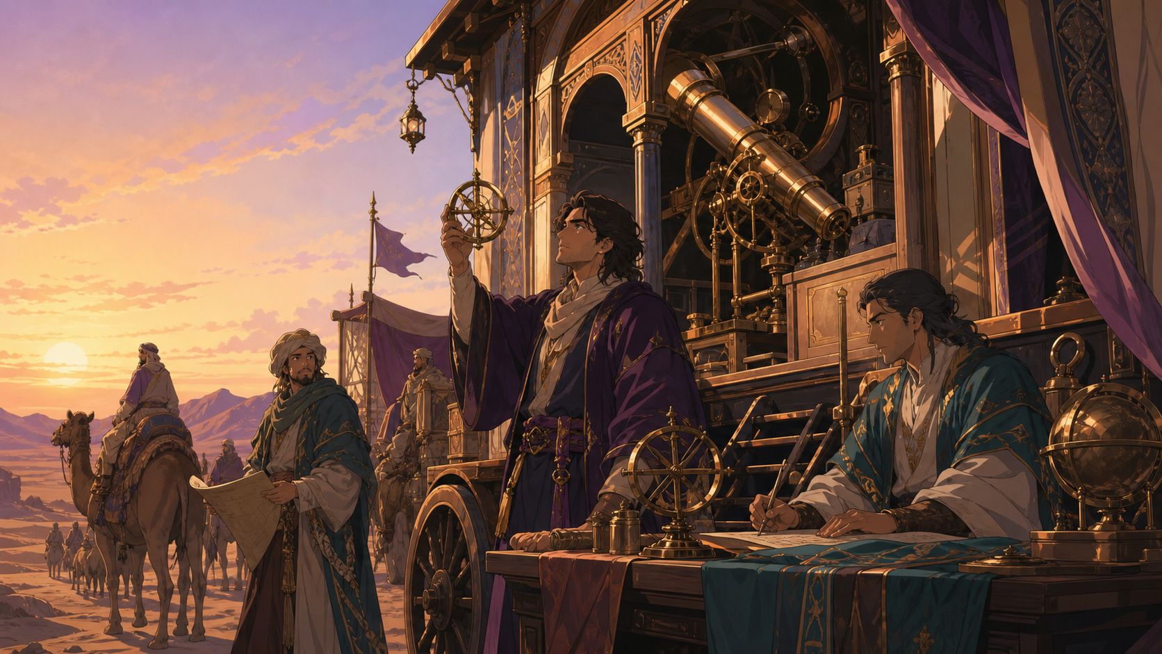 A desert caravan of scholars carrying a mobile brass observatory, at dawn after a discovery quietly changes their understanding of the world. Painterly historical scene centered on work, place, and atmosphere. Apricot, o