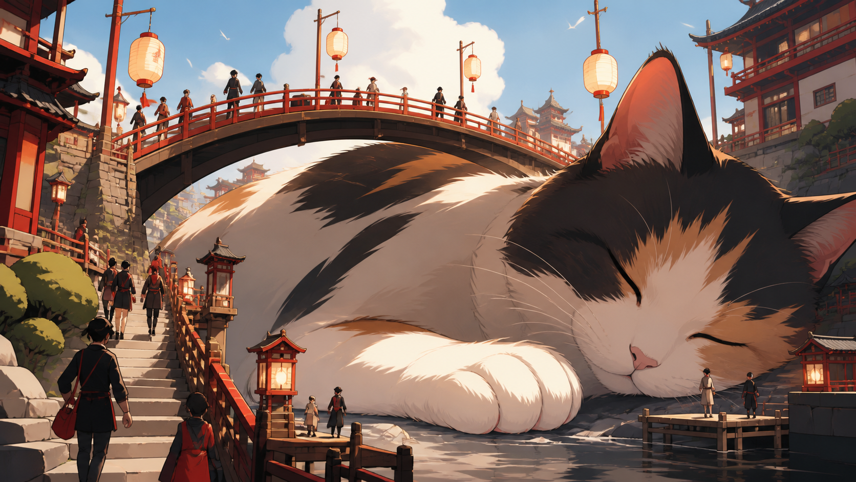 Commuters crossing a bridge over an enormous sleeping house cat, in clear daylight so scale relationships remain immediately readable. Elevated composition revealing how people adapted the object into landscape. Crimson,