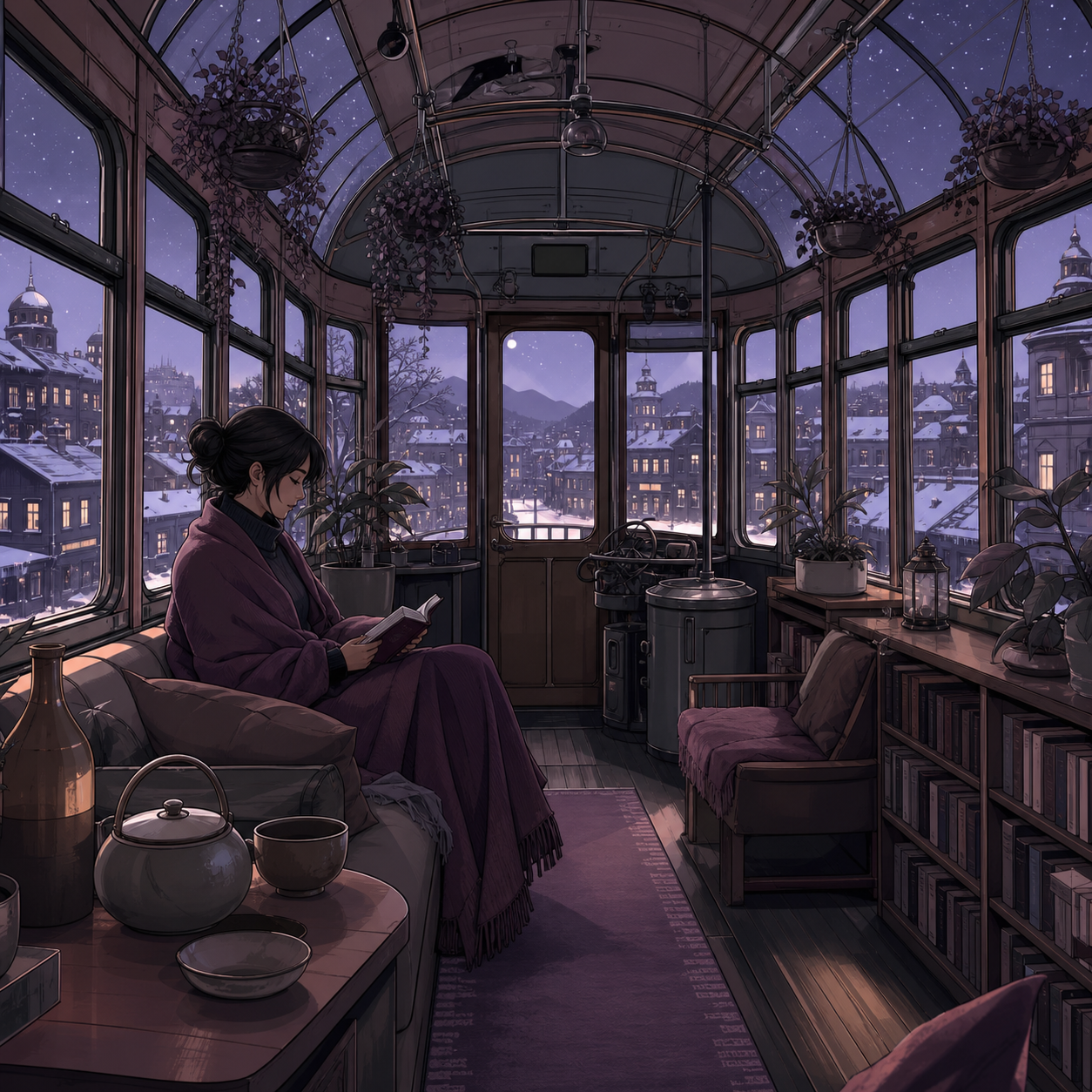 A greenhouse reading room built into an old city tram, on the first snowy night of the year. Inviting room-wide composition with several discoverable details. Mulberry, tea brown, tarnished silver, and pale lilac. Serene